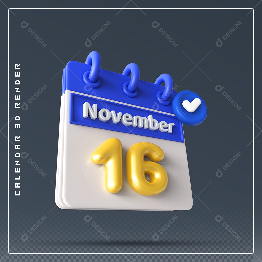 Calendário Do mês Novembro Dia 16 Elemento 3D Azul Dourado e Branco Para Composição PSD