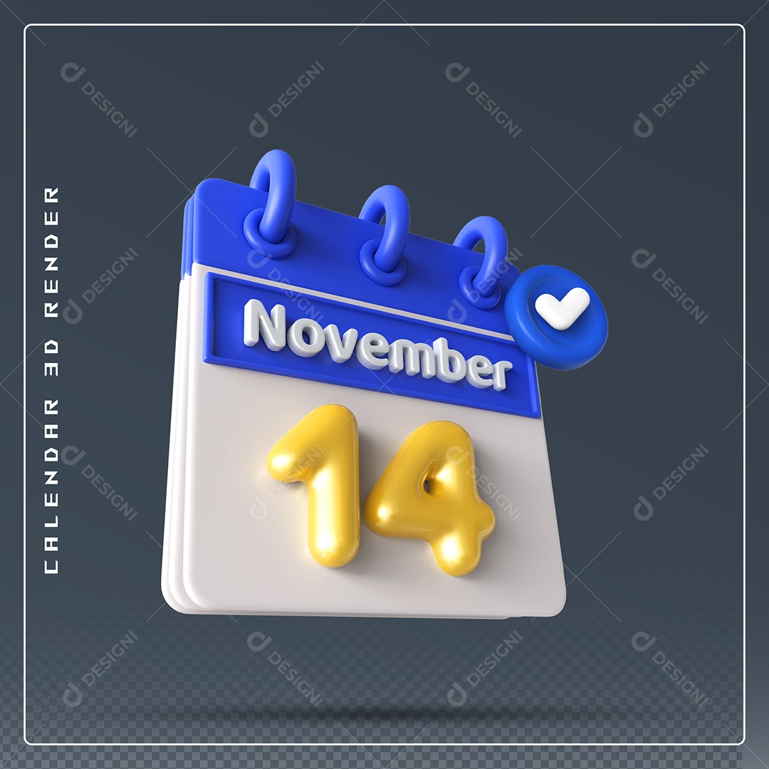 Calendário Do mês Novembro Dia 14 Elemento 3D Azul Dourado e Branco Para Composição PSD