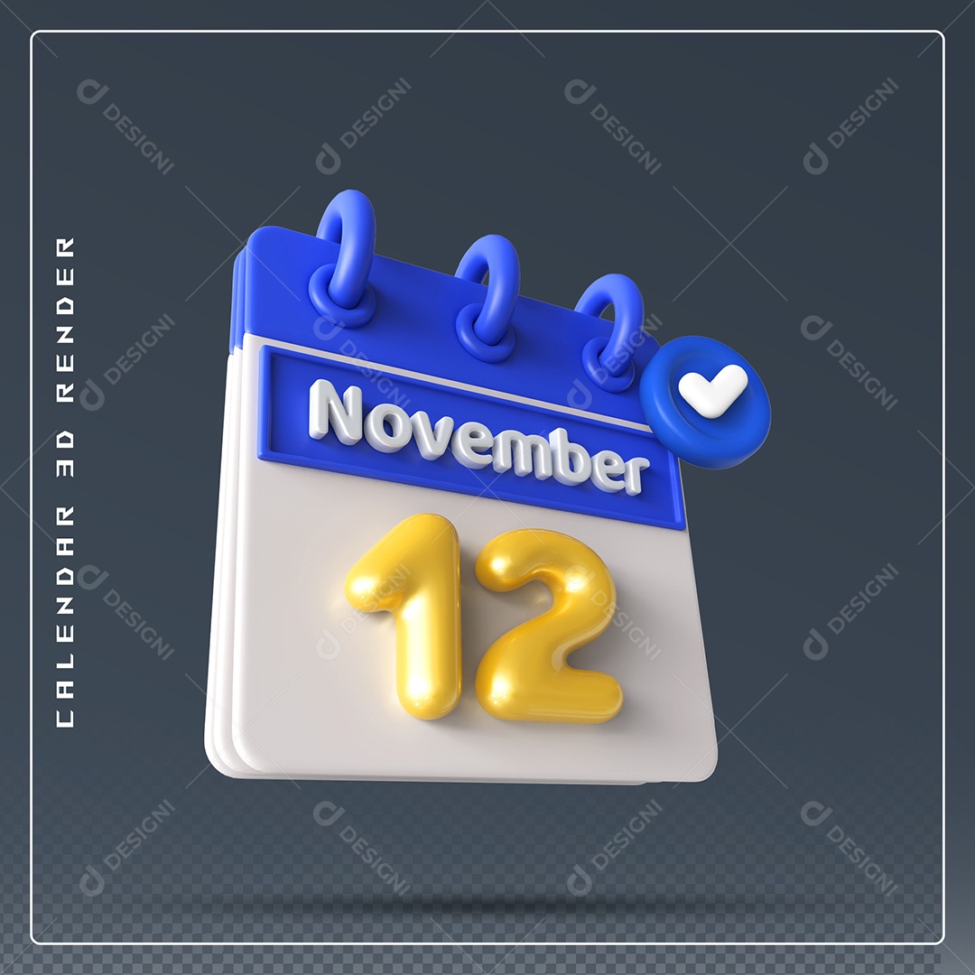 Calendário Do mês Novembro Dia 12 Elemento 3D Azul Dourado e Branco Para Composição PSD