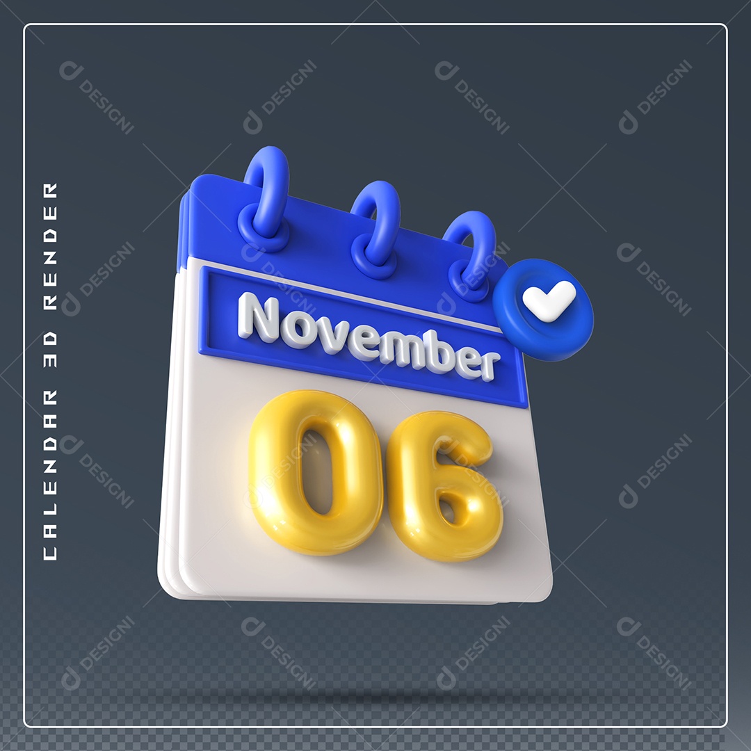 Calendário Do mês Novembro Dia 06 Elemento 3D Azul Dourado e Branco Para Composição PSD
