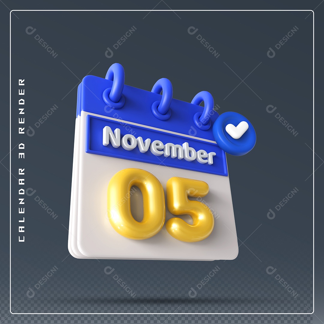 Calendário Do mês Novembro Dia 05 Elemento 3D Azul Dourado e Branco Para Composição PSD
