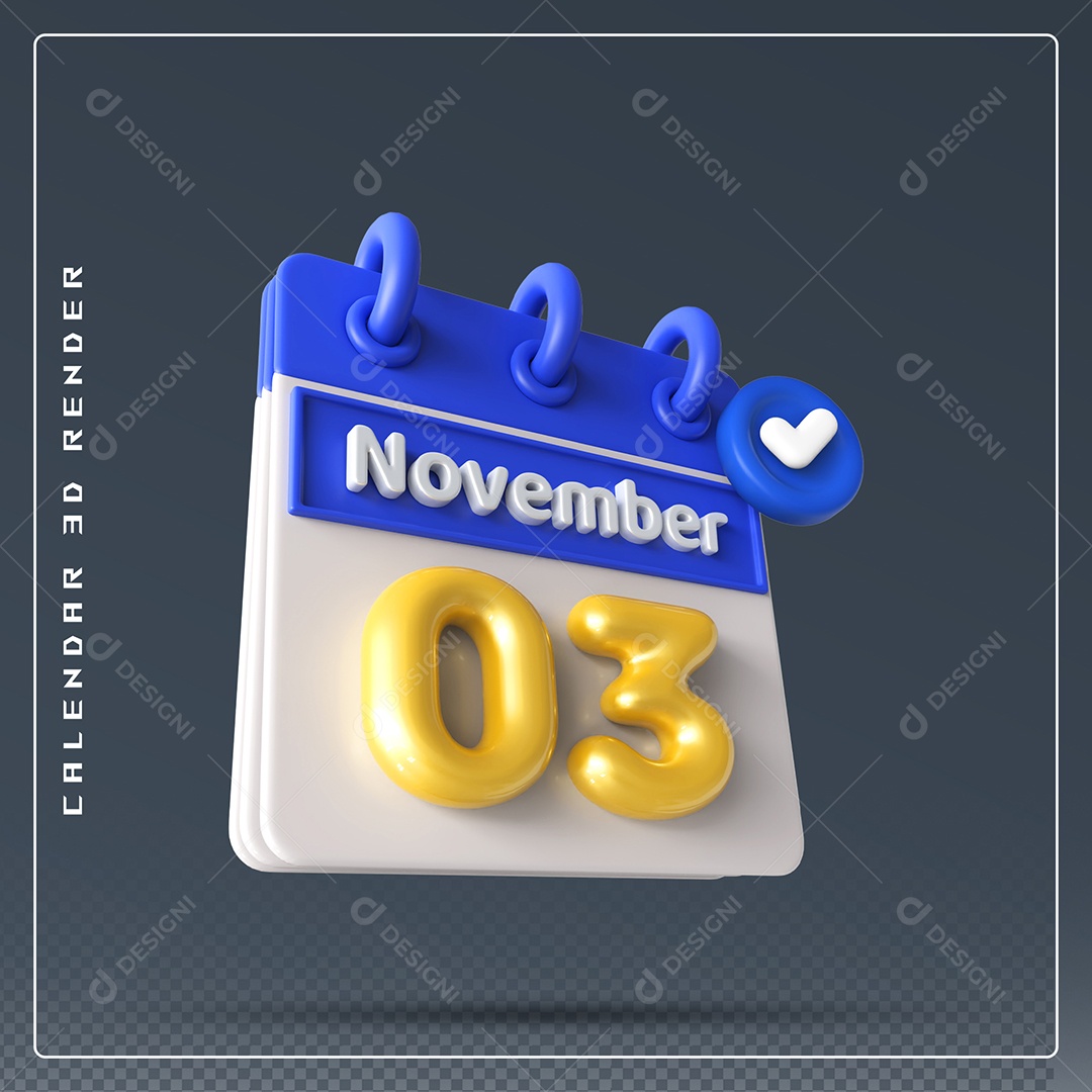 Calendário Do mês Novembro Dia 03 Elemento 3D Azul Dourado e Branco Para Composição PSD