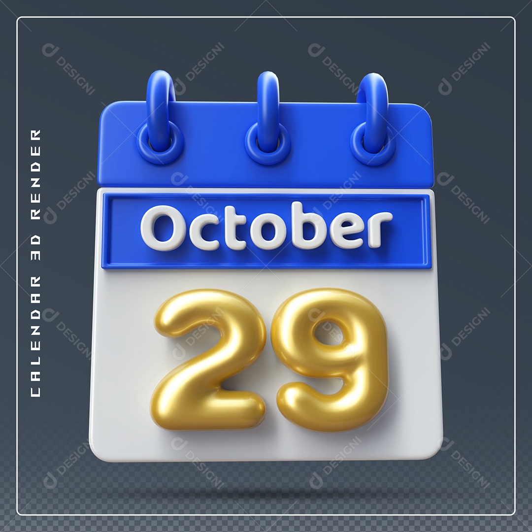 Calendário Do mês Outubro Dia 29 Elemento 3D Azul Dourado e Branco Para Composição PSD