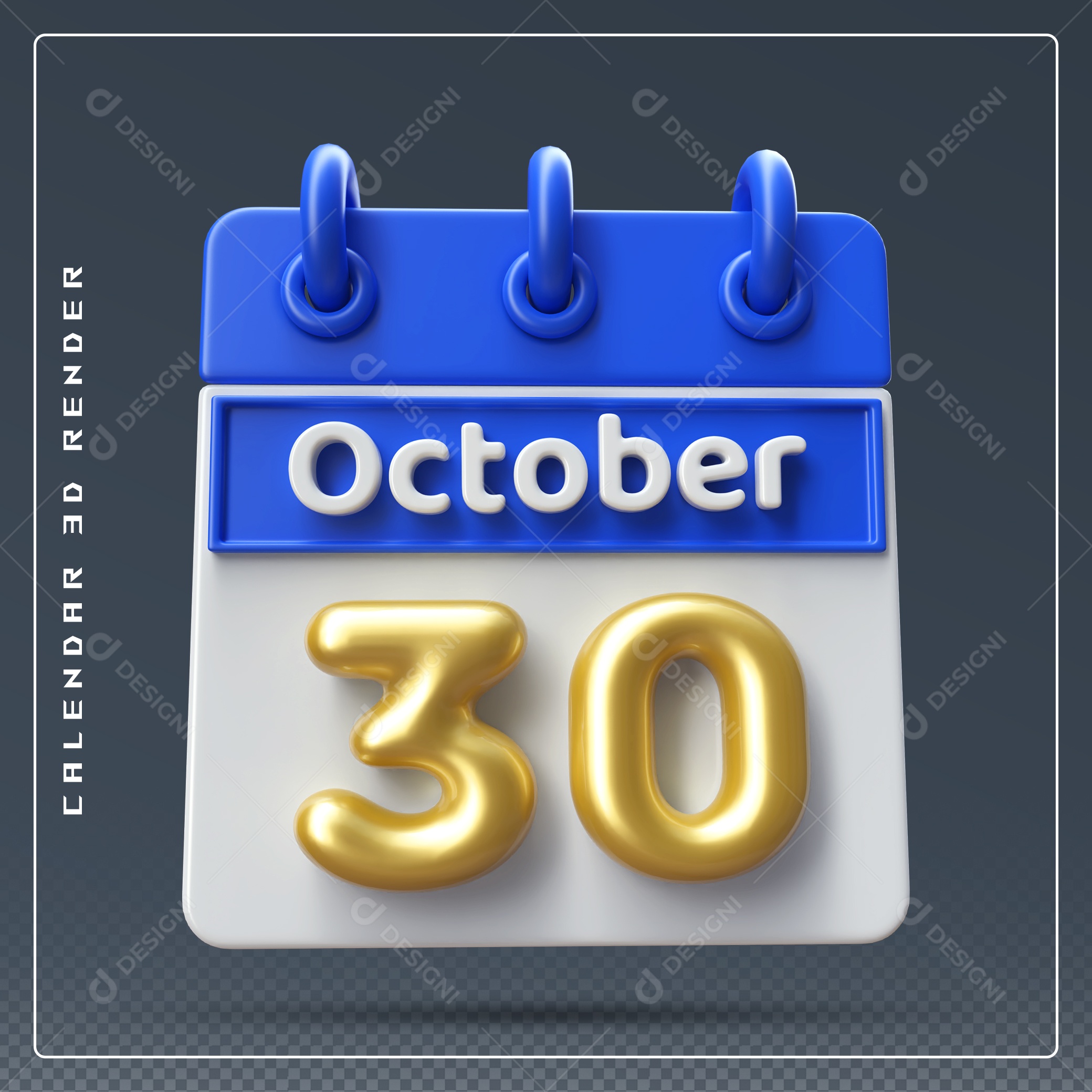 Calendário Do mês Outubro Dia 30 Elemento 3D Azul Dourado e Branco Para Composição PSD