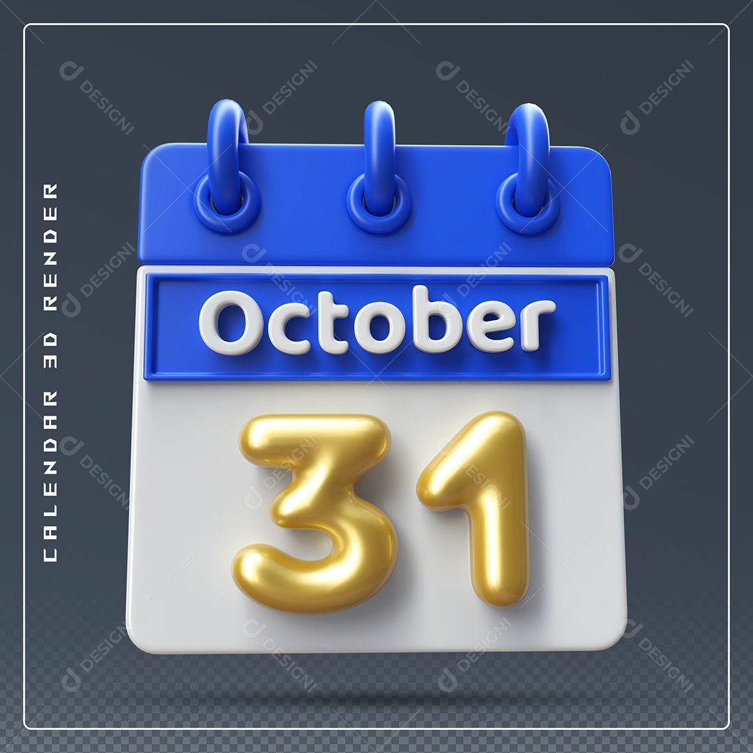 Calendário Do mês Outubro Dia 31 Elemento 3D Azul Dourado e Branco Para Composição PSD