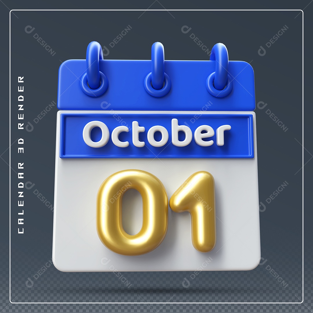 Calendário Do mês Outubro Dia 01 Elemento 3D Azul Dourado e Branco Para Composição PSD