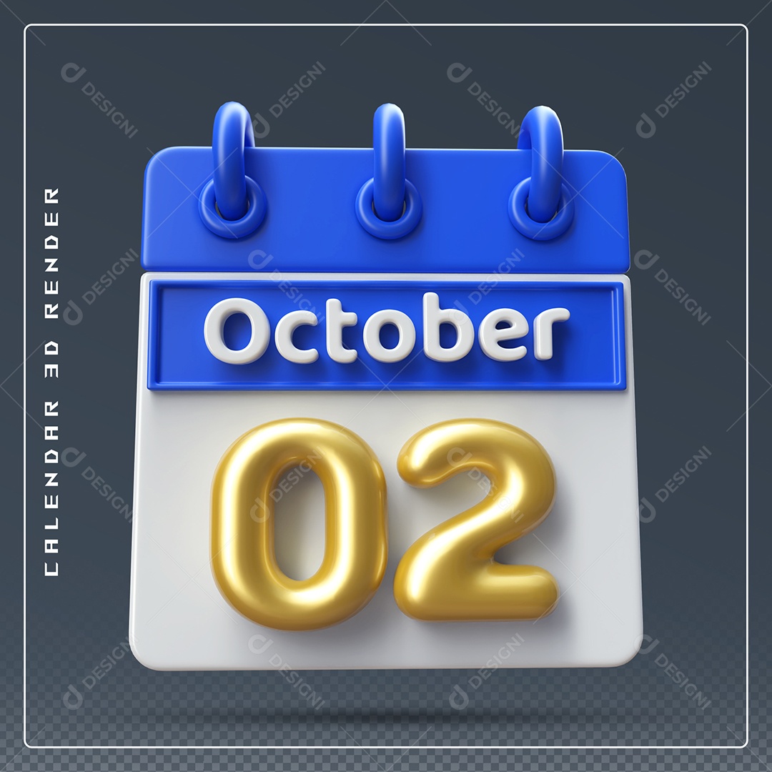 Calendário Do mês Outubro Dia 02 Elemento 3D Azul Dourado e Branco Para Composição PSD