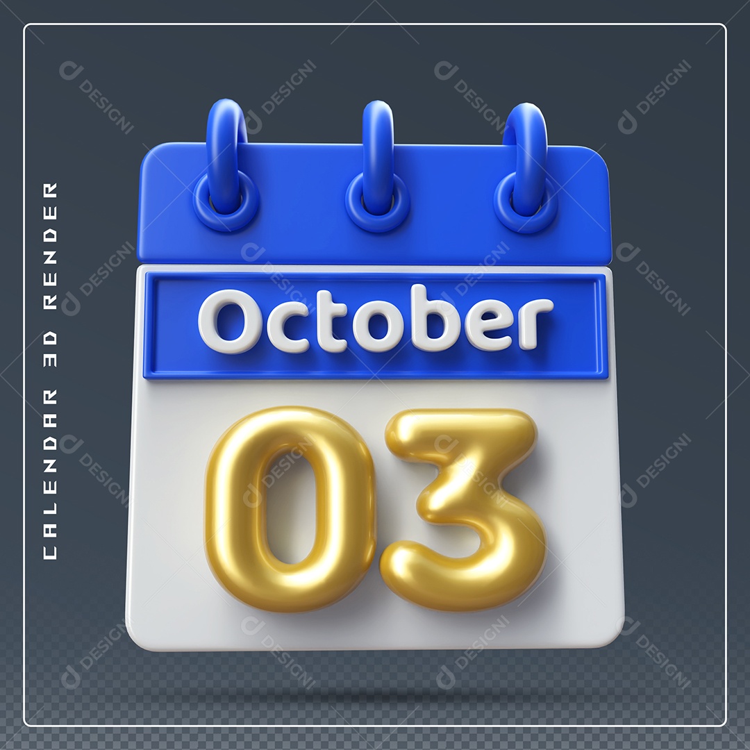 Calendário Do mês Outubro Dia 03 Elemento 3D Azul Dourado e Branco Para Composição PSD
