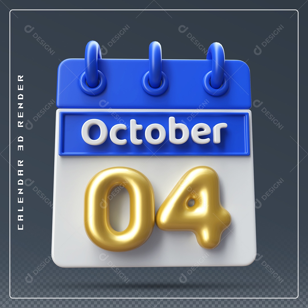 Calendário Do mês Outubro Dia 04 Elemento 3D Azul Dourado e Branco Para Composição PSD