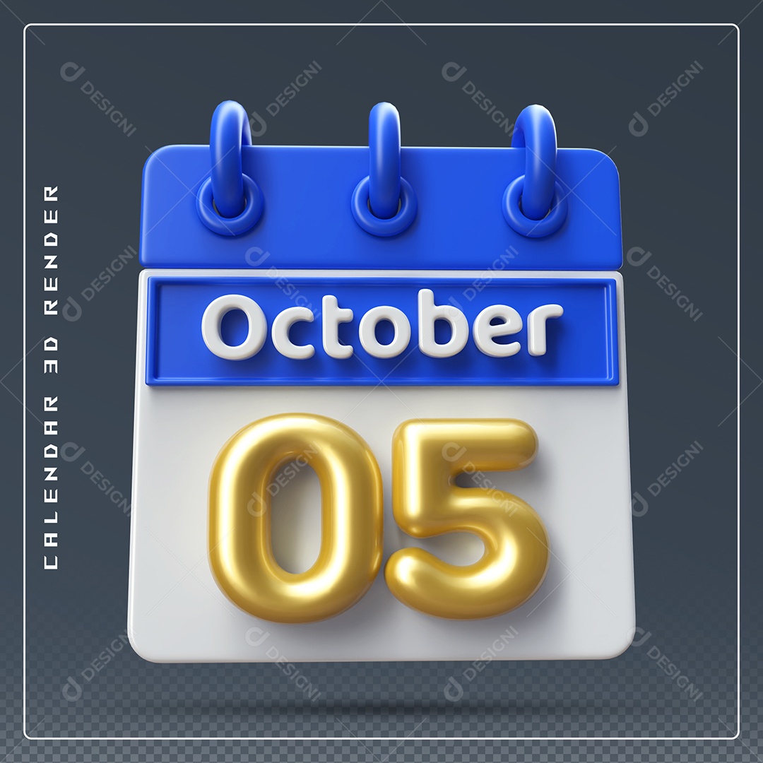 Calendário Do mês Outubro Dia 05 Elemento 3D Azul Dourado e Branco Para Composição PSD