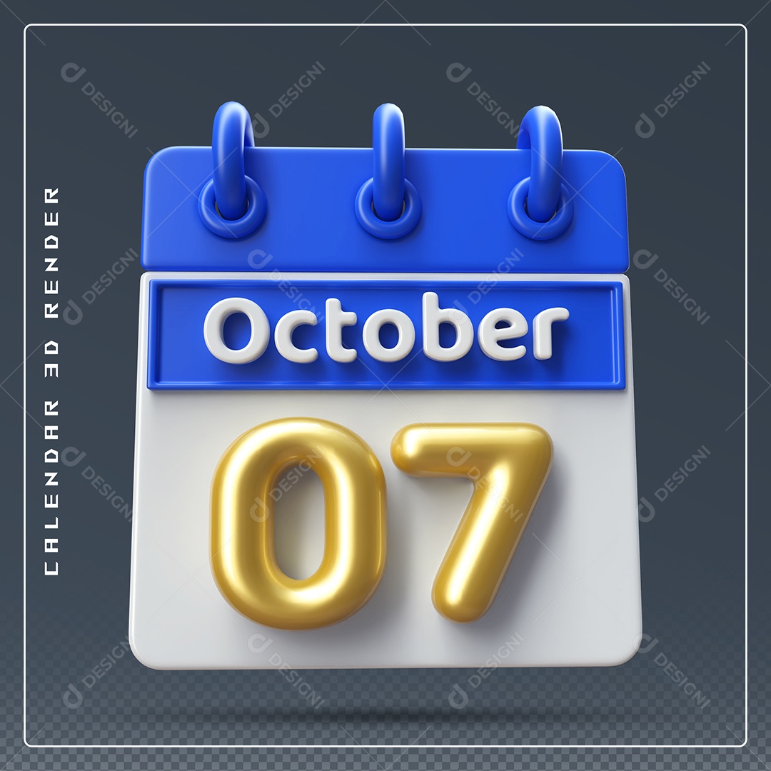 Calendário Do mês Outubro Dia 07 Elemento 3D Azul Dourado e Branco Para Composição PSD