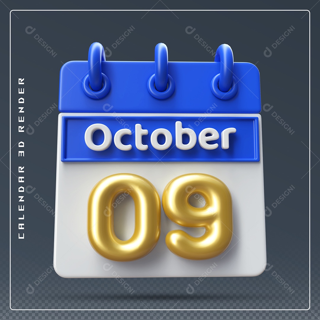 Calendário Do mês Outubro Dia 09 Elemento 3D Azul Dourado e Branco Para Composição PSD