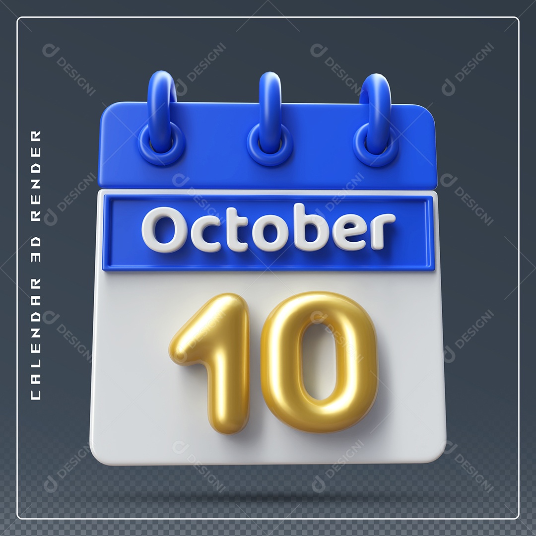 Calendário Do mês Outubro Dia 10 Elemento 3D Azul Dourado e Branco Para Composição PSD