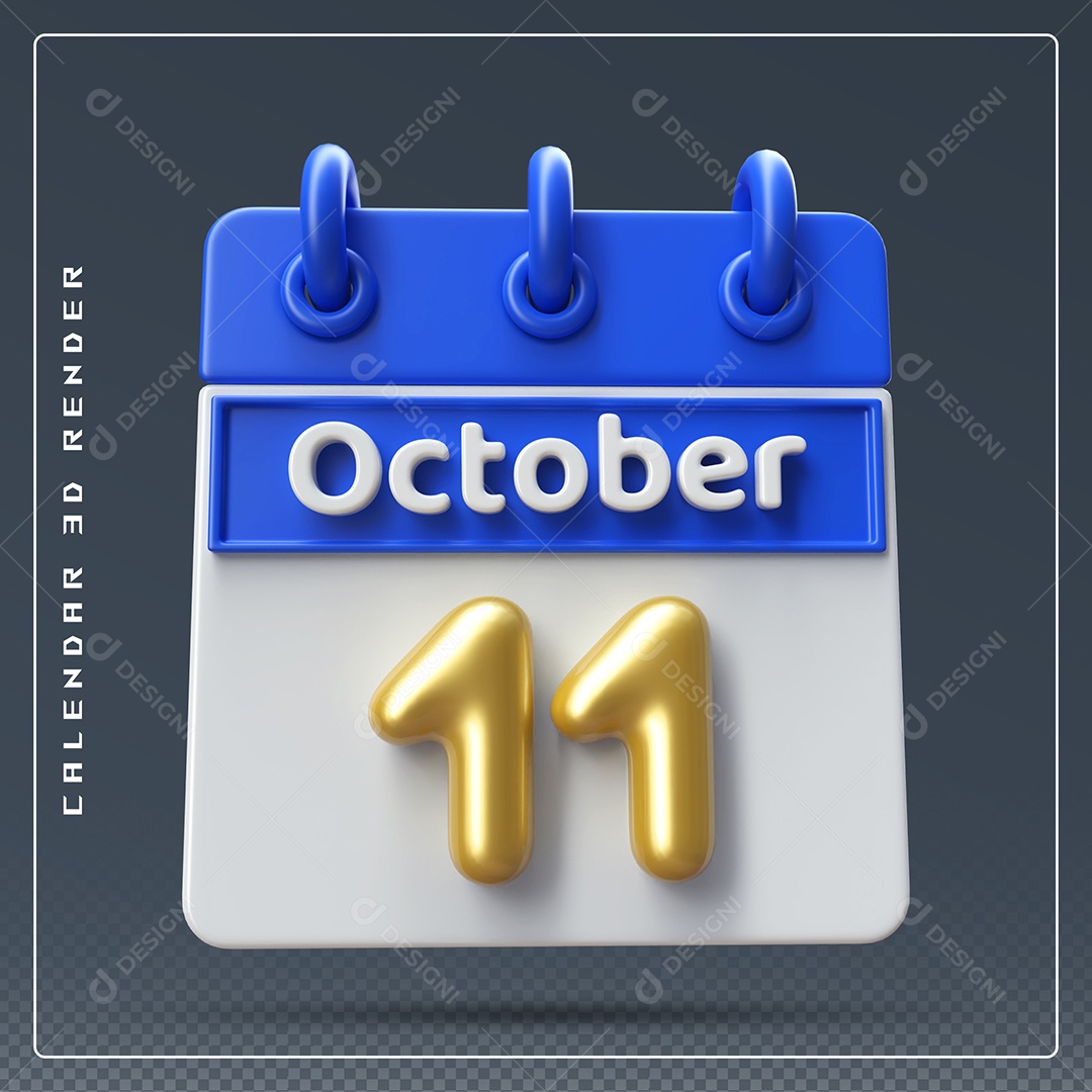 Calendário Do mês Outubro Dia 11 Elemento 3D Azul Dourado e Branco Para Composição PSD