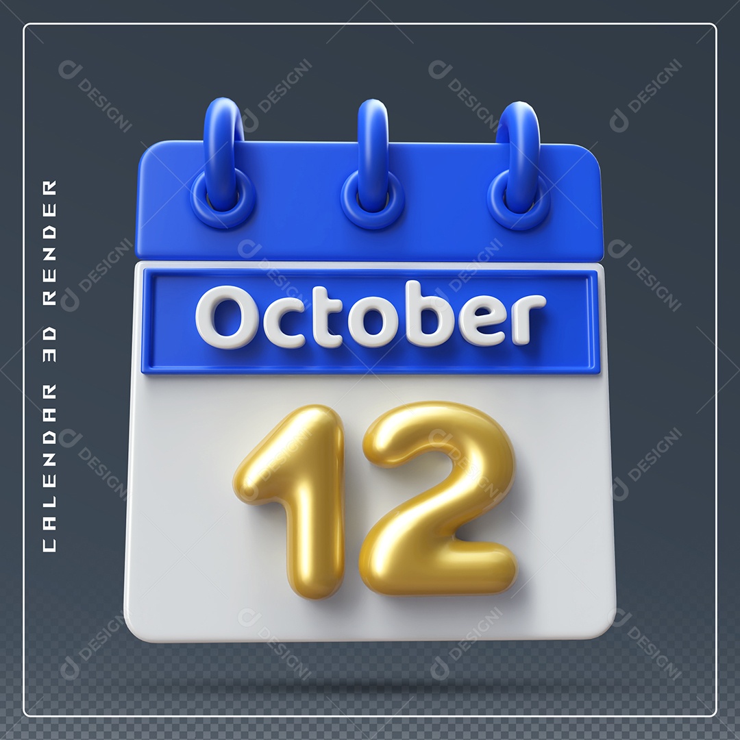 Calendário Do mês Outubro Dia 12 Elemento 3D Azul Dourado e Branco Para Composição PSD