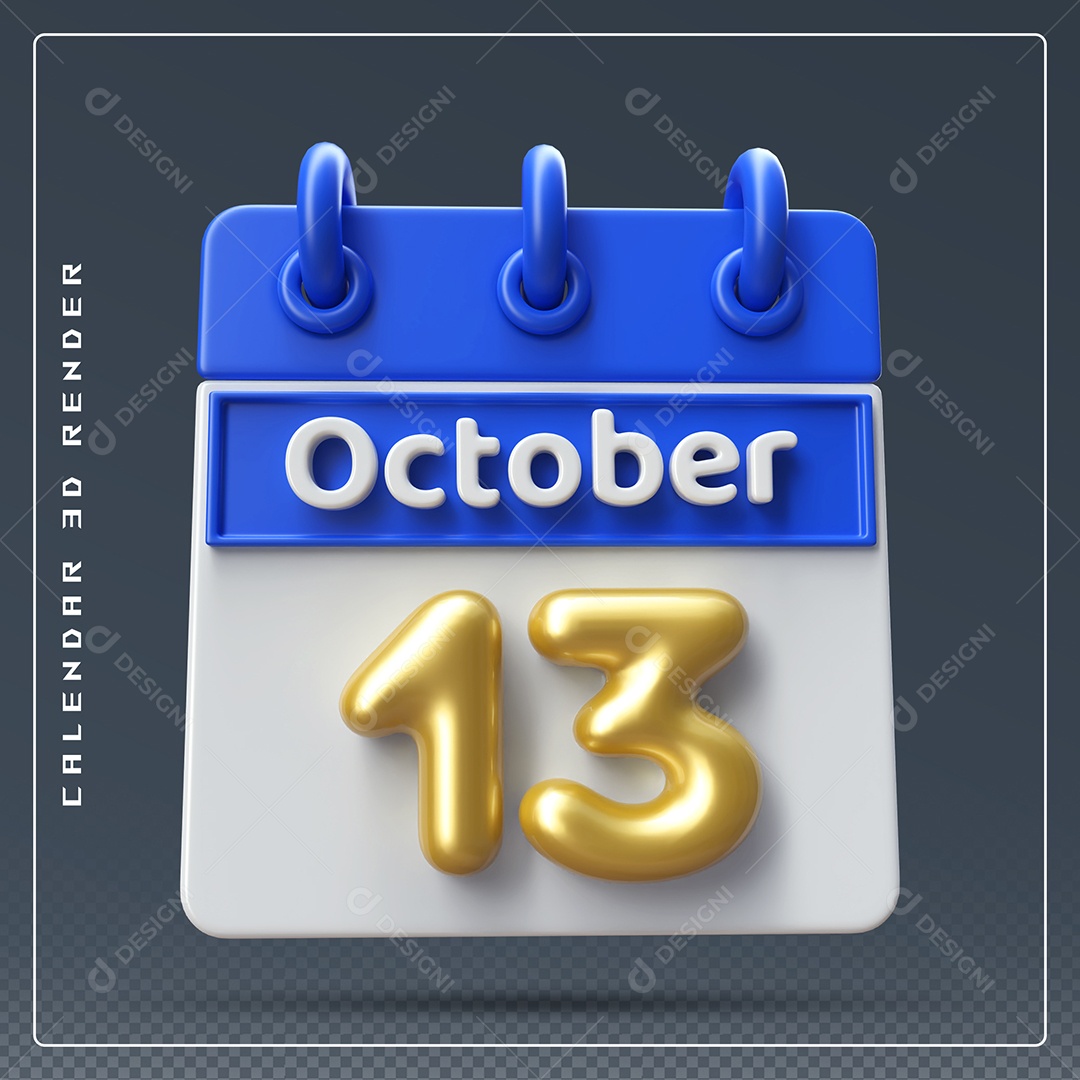 Calendário Do mês Outubro Dia 13 Elemento 3D Azul Dourado e Branco Para Composição PSD
