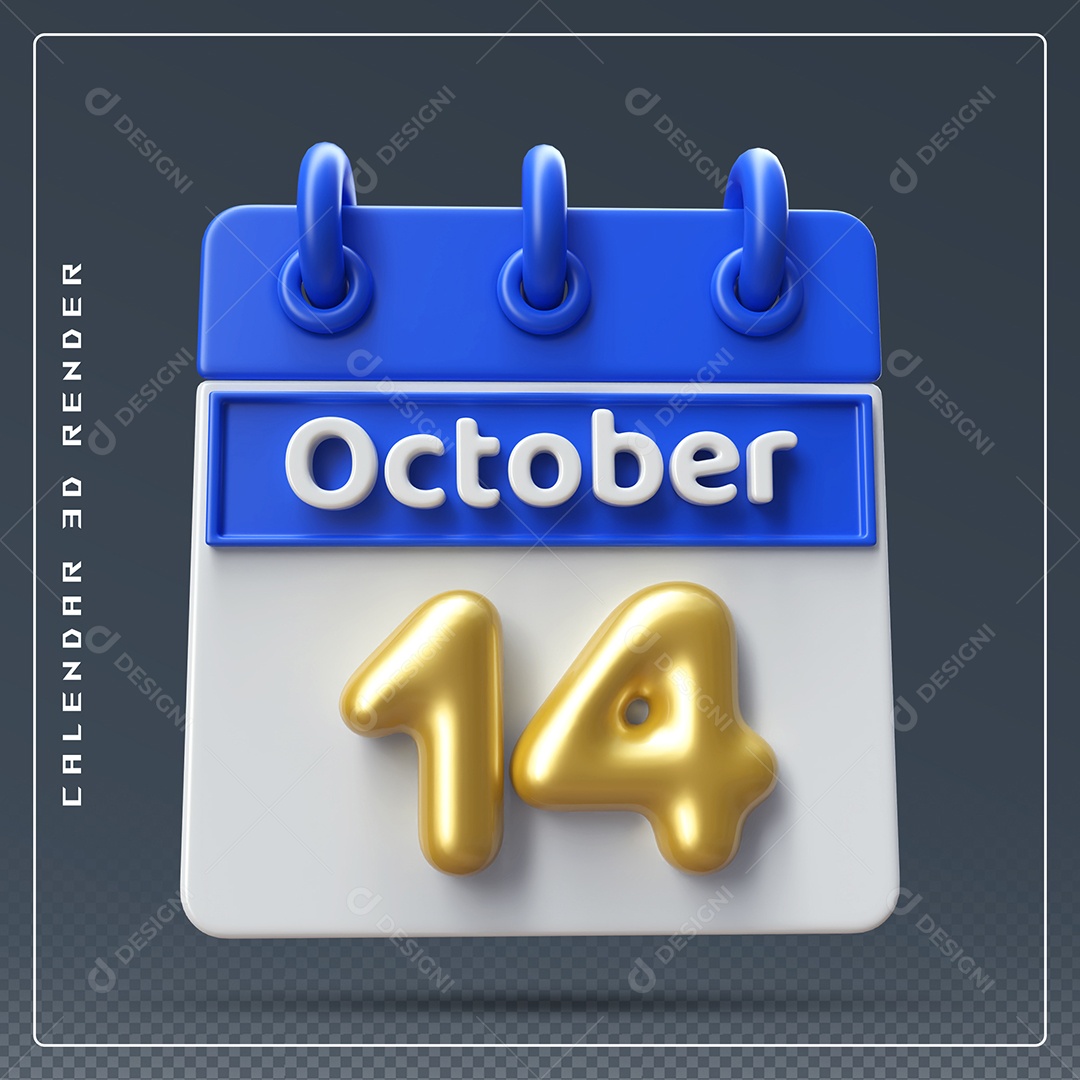Calendário Do mês Outubro Dia 14 Elemento 3D Azul Dourado e Branco Para Composição PSD