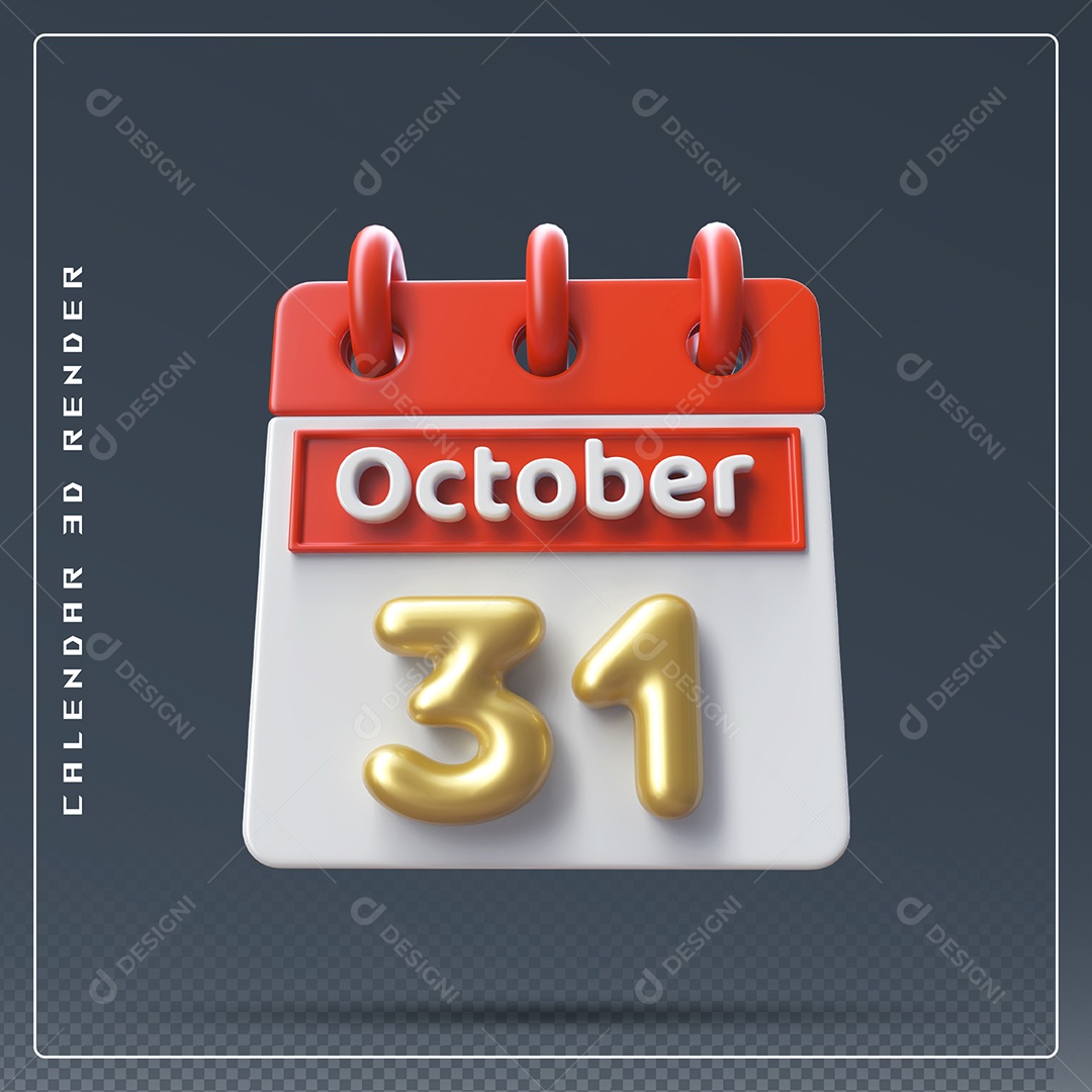 Calendário Do mês Outubro Dia 31 Elemento 3D Vermelho Dourado e Branco Para Composição PSD