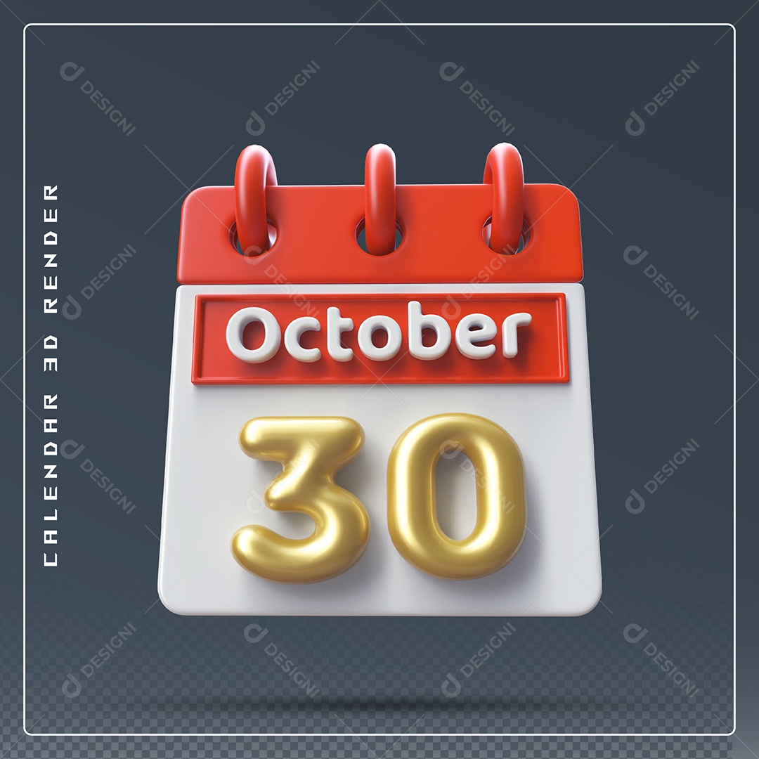 Calendário Do mês Outubro Dia 30 Elemento 3D Vermelho Dourado e Branco Para Composição PSD
