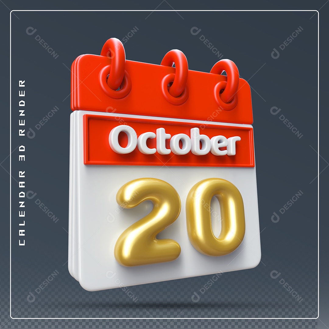 Calendário Do mês Outubro Dia 20 Elemento 3D Vermelho Dourado e Branco Para Composição PSD