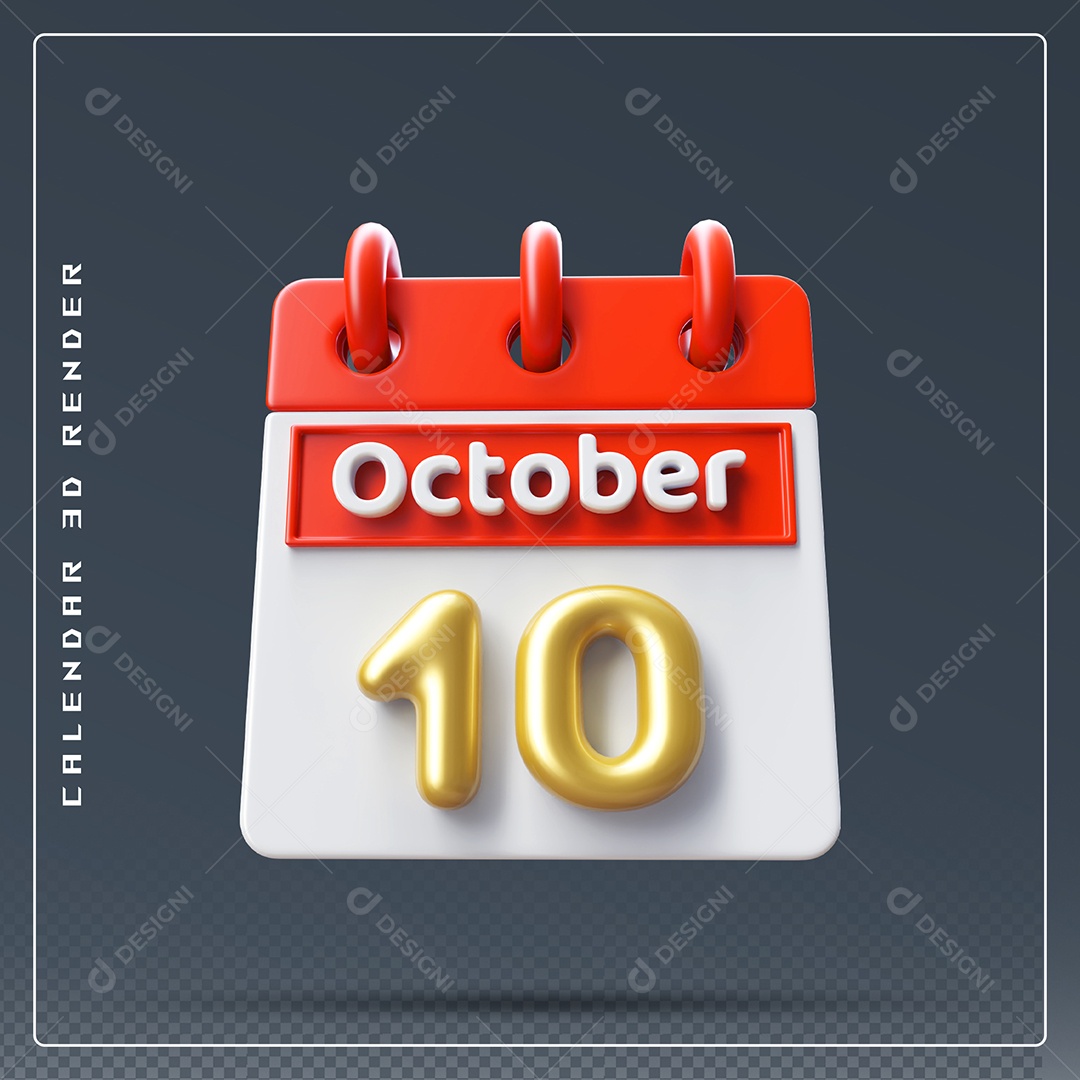 Calendário Do mês Outubro Dia 10 Elemento 3D Vermelho Dourado e Branco Para Composição PSD