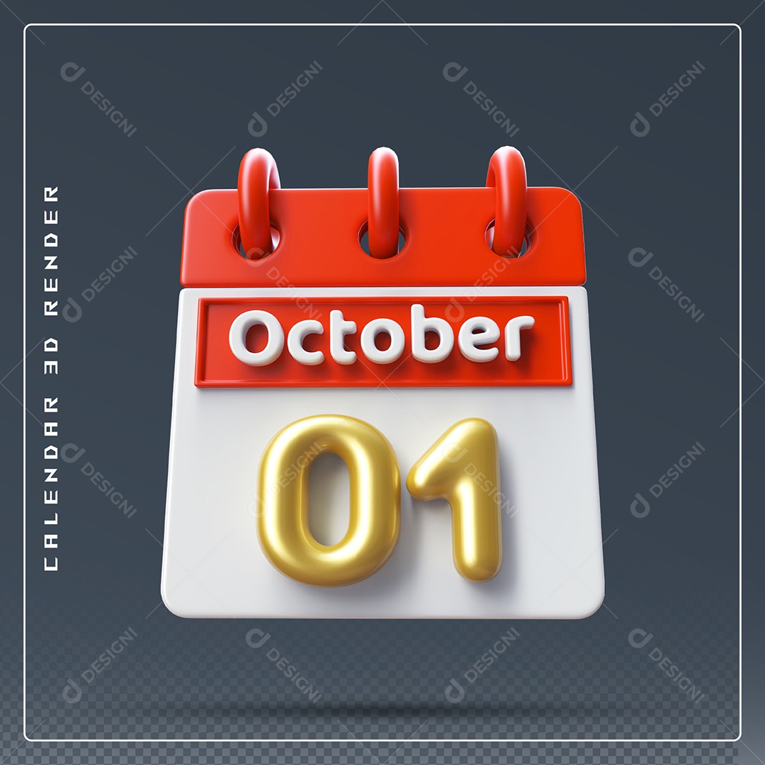 Calendário Do mês Outubro Dia 01 Elemento 3D Vermelho Dourado e Branco Para Composição PSD