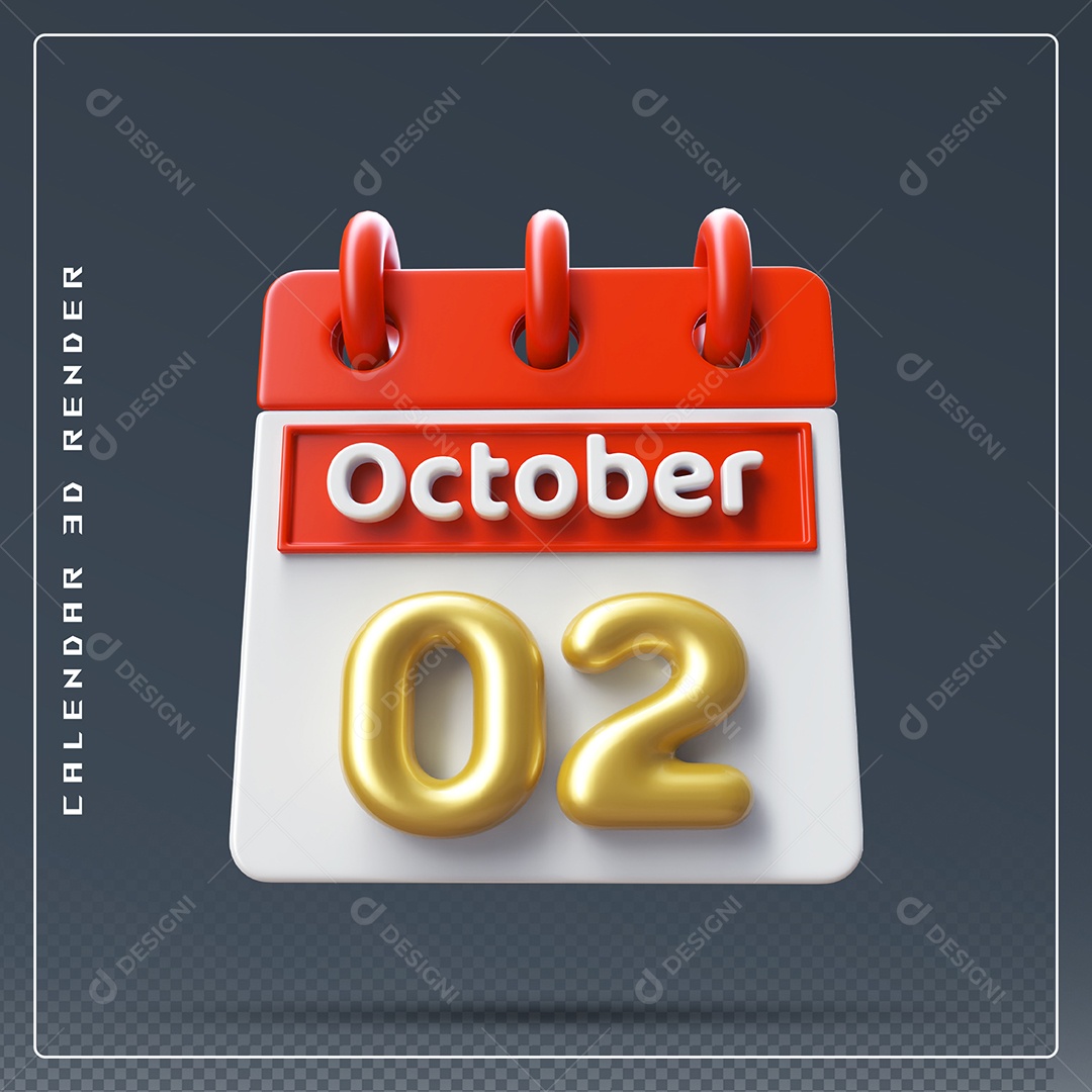 Calendário Do mês Outubro Dia 02 Elemento 3D Vermelho Dourado e Branco Para Composição PSD