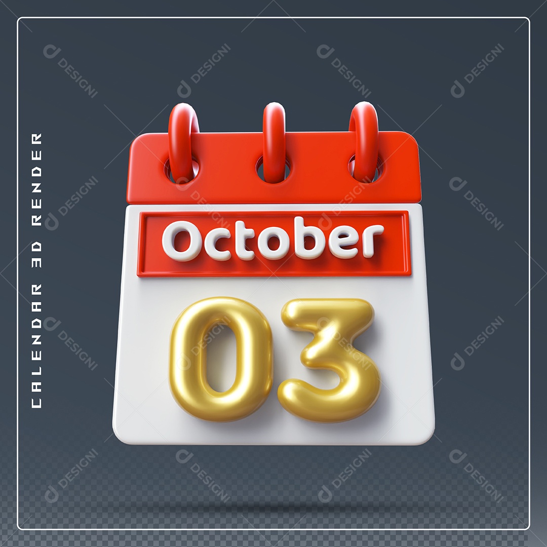 Calendário Do mês Outubro Dia 03 Elemento 3D Vermelho Dourado e Branco Para Composição PSD