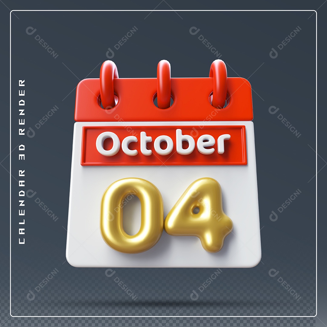 Calendário Do mês Outubro Dia 04 Elemento 3D Vermelho Dourado e Branco Para Composição PSD