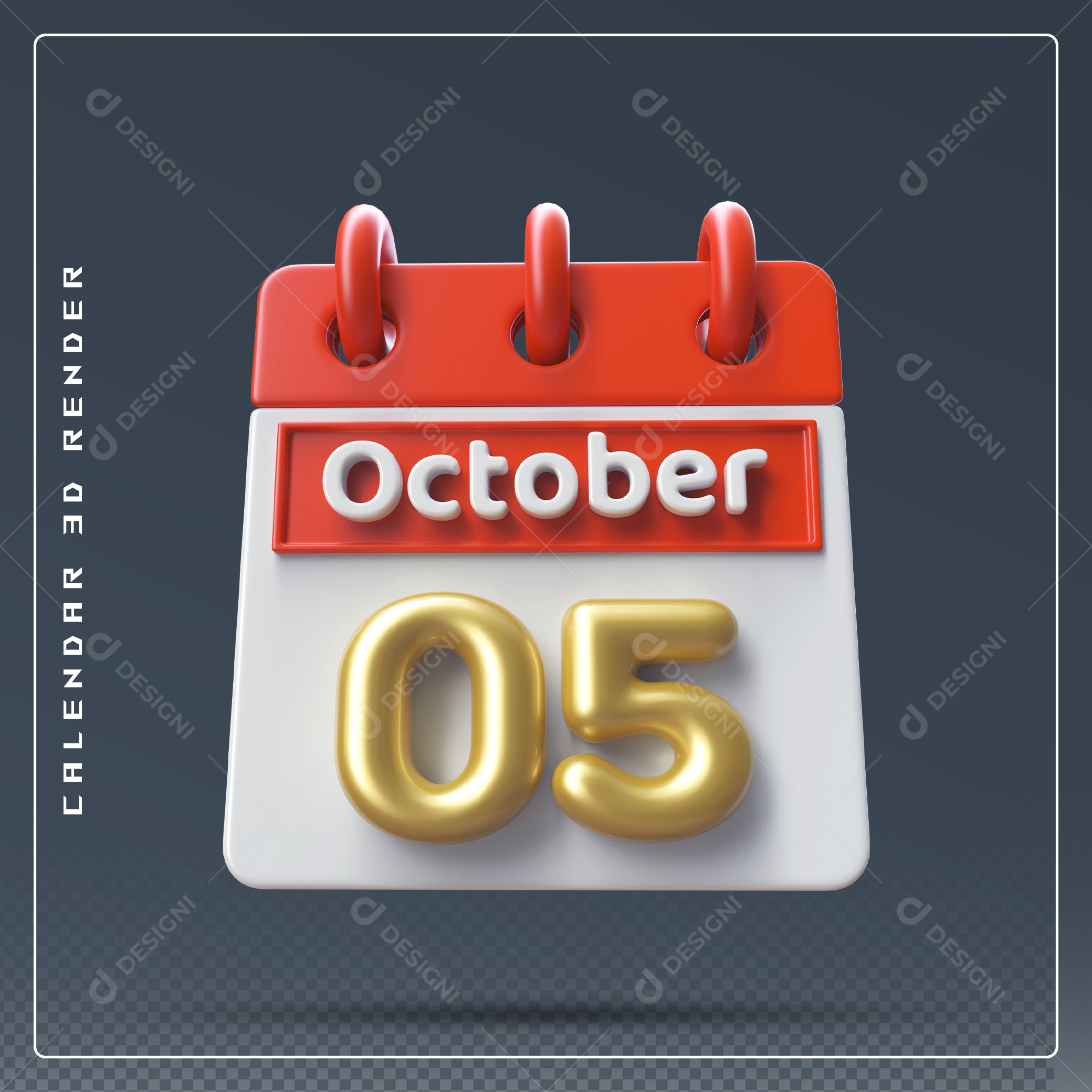 Calendário Do mês Outubro Dia 05 Elemento 3D Vermelho Dourado e Branco Para Composição PSD