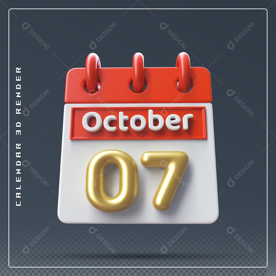 Calendário Do mês Outubro Dia 07 Elemento 3D Vermelho Dourado e Branco Para Composição PSD