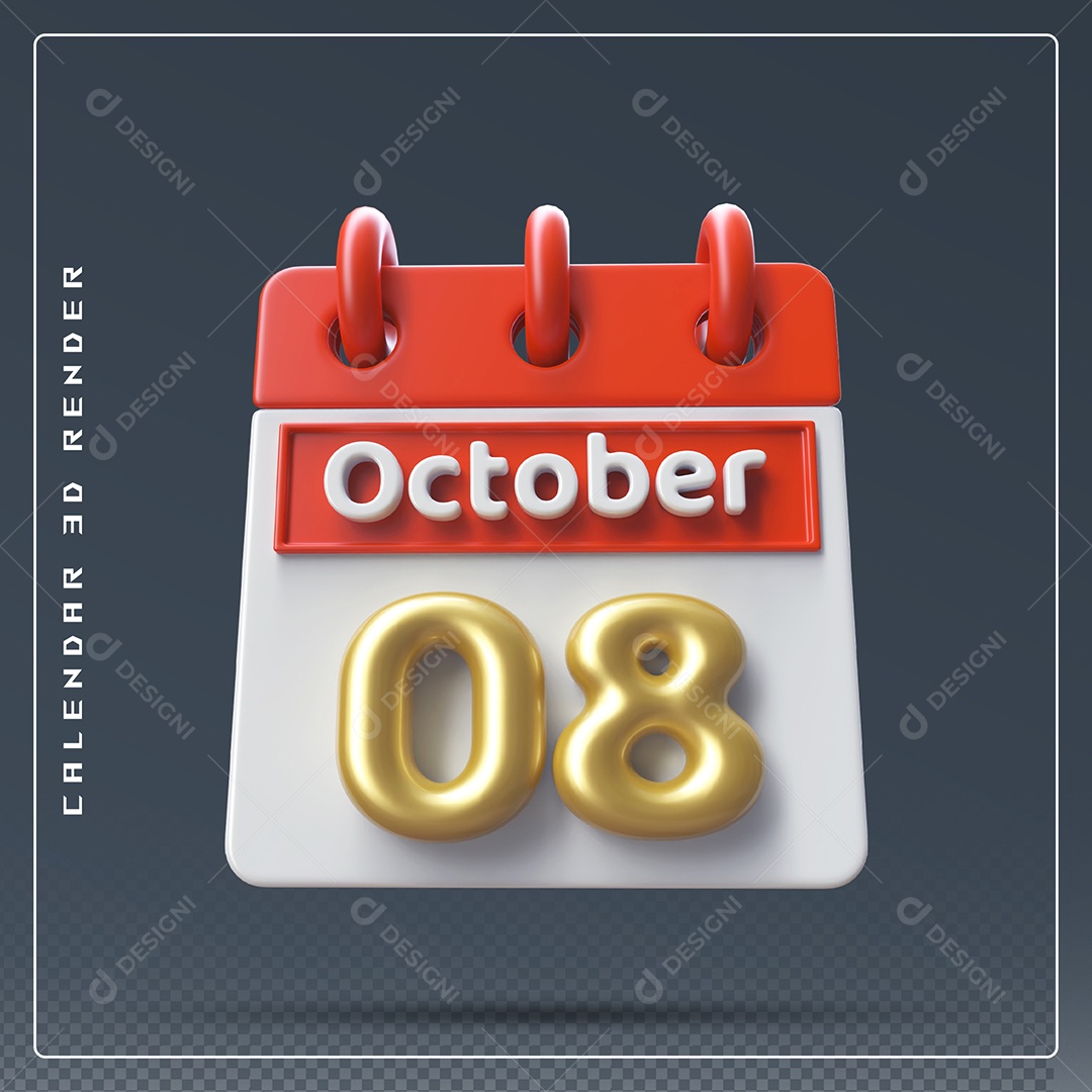 Calendário Do mês Outubro Dia 08 Elemento 3D Vermelho Dourado e Branco Para Composição PSD