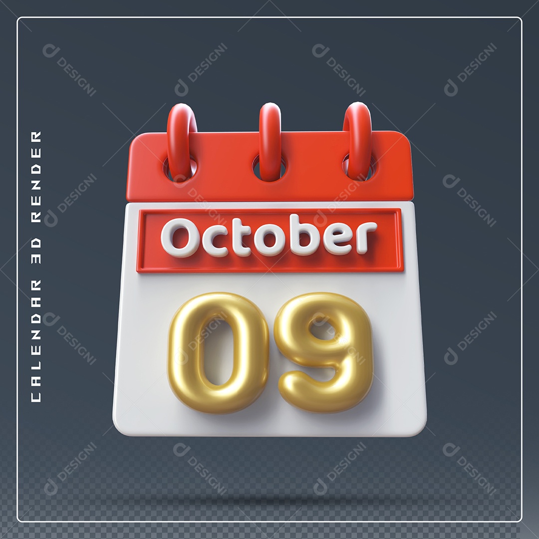 Calendário Do mês Outubro Dia 09 Elemento 3D Vermelho Dourado e Branco Para Composição PSD