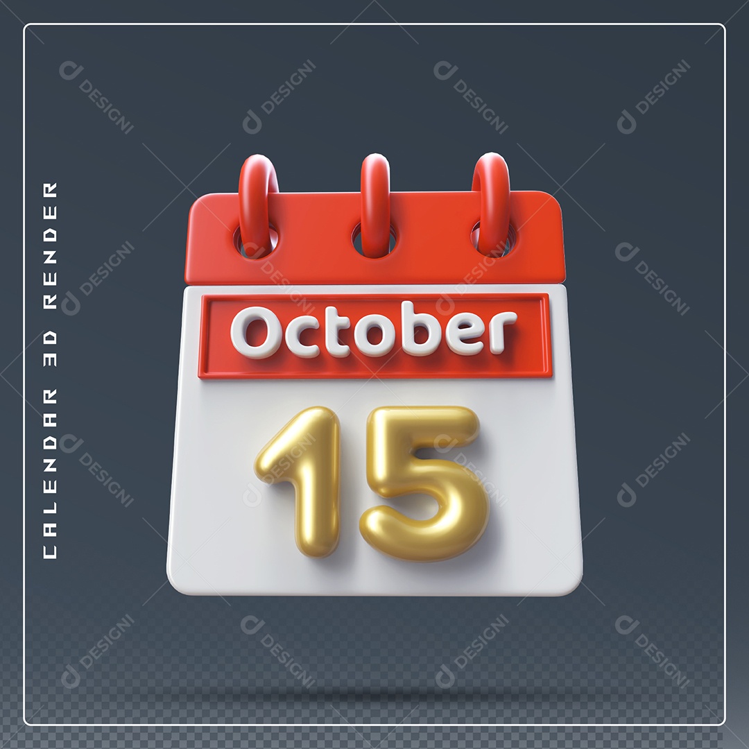 Calendário Do mês Outubro Dia 15 Elemento 3D Vermelho Dourado e Branco Para Composição PSD