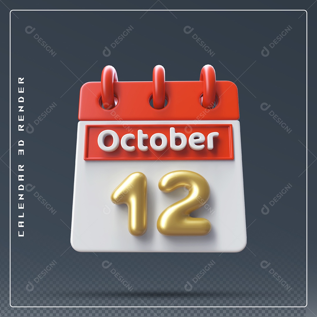 Calendário Do mês Outubro Dia 12 Elemento 3D Vermelho Dourado e Branco Para Composição PSD
