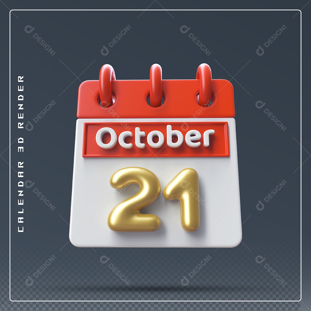 Calendário Do mês Outubro Dia 21 Elemento 3D Vermelho Dourado e Branco Para Composição PSD