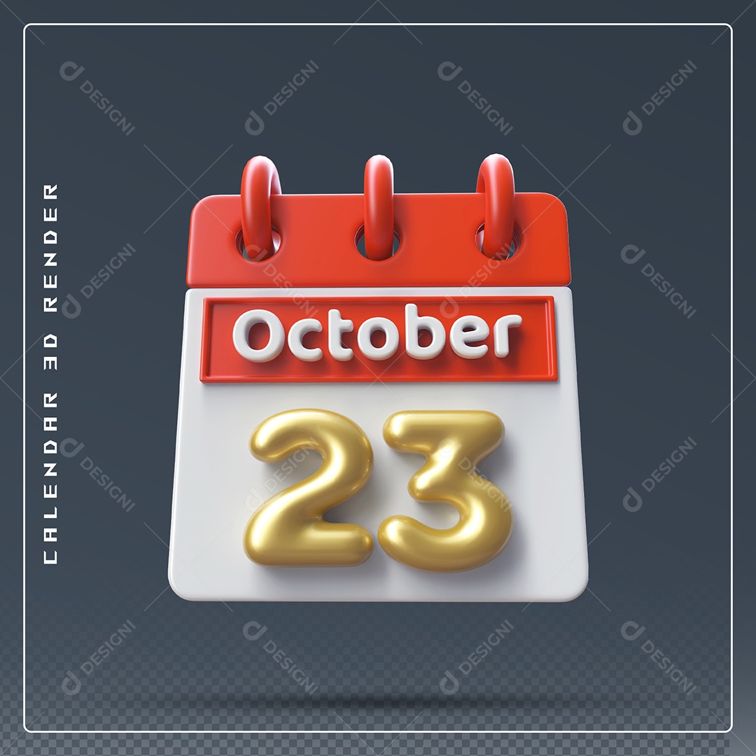 Calendário Do mês Outubro Dia 23 Elemento 3D Vermelho Dourado e Branco Para Composição PSD