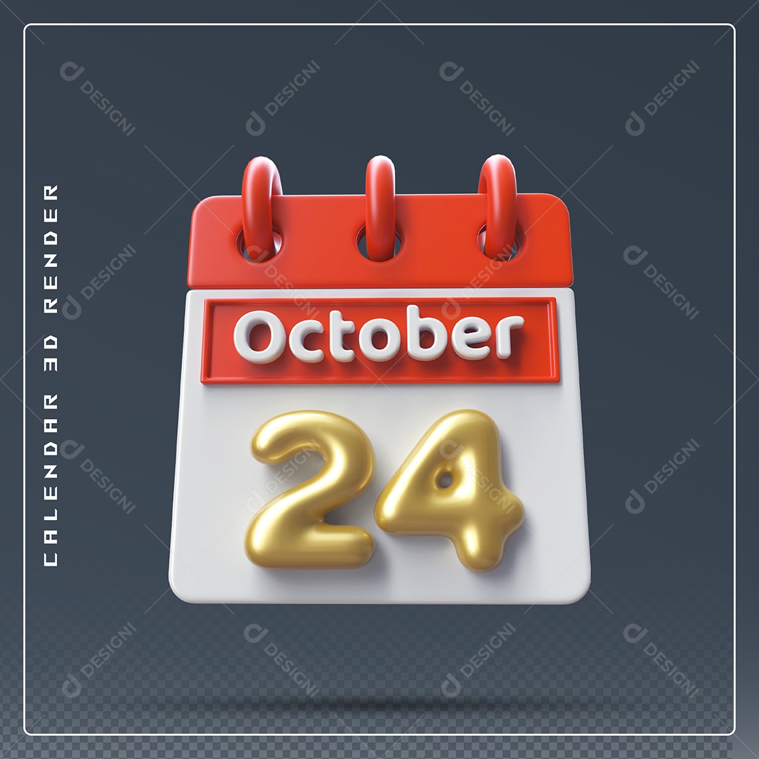Calendário Do mês Outubro Dia 24 Elemento 3D Vermelho Dourado e Branco Para Composição PSD
