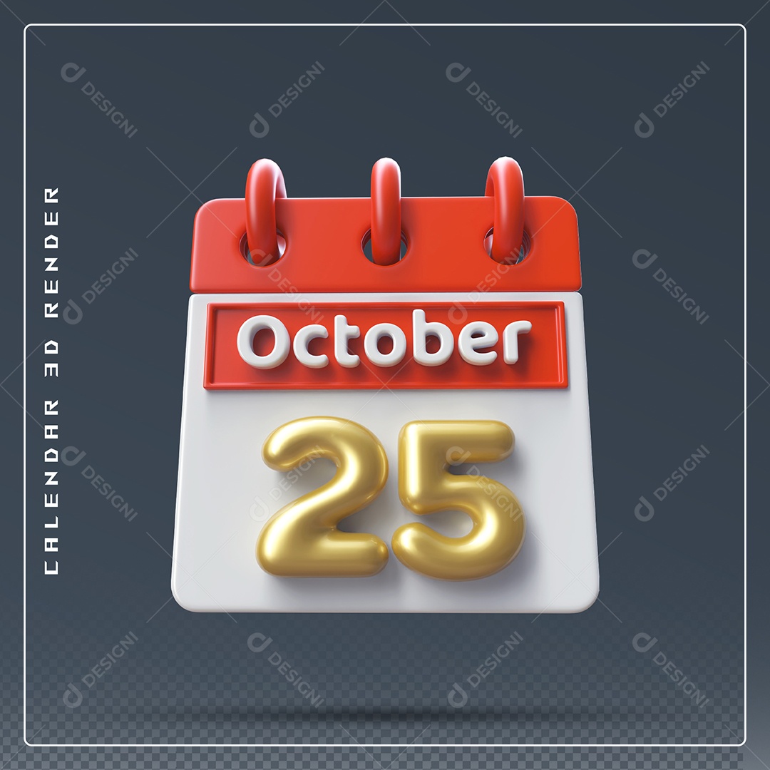 Calendário Do mês Outubro Dia 25 Elemento 3D Vermelho Dourado e Branco Para Composição PSD