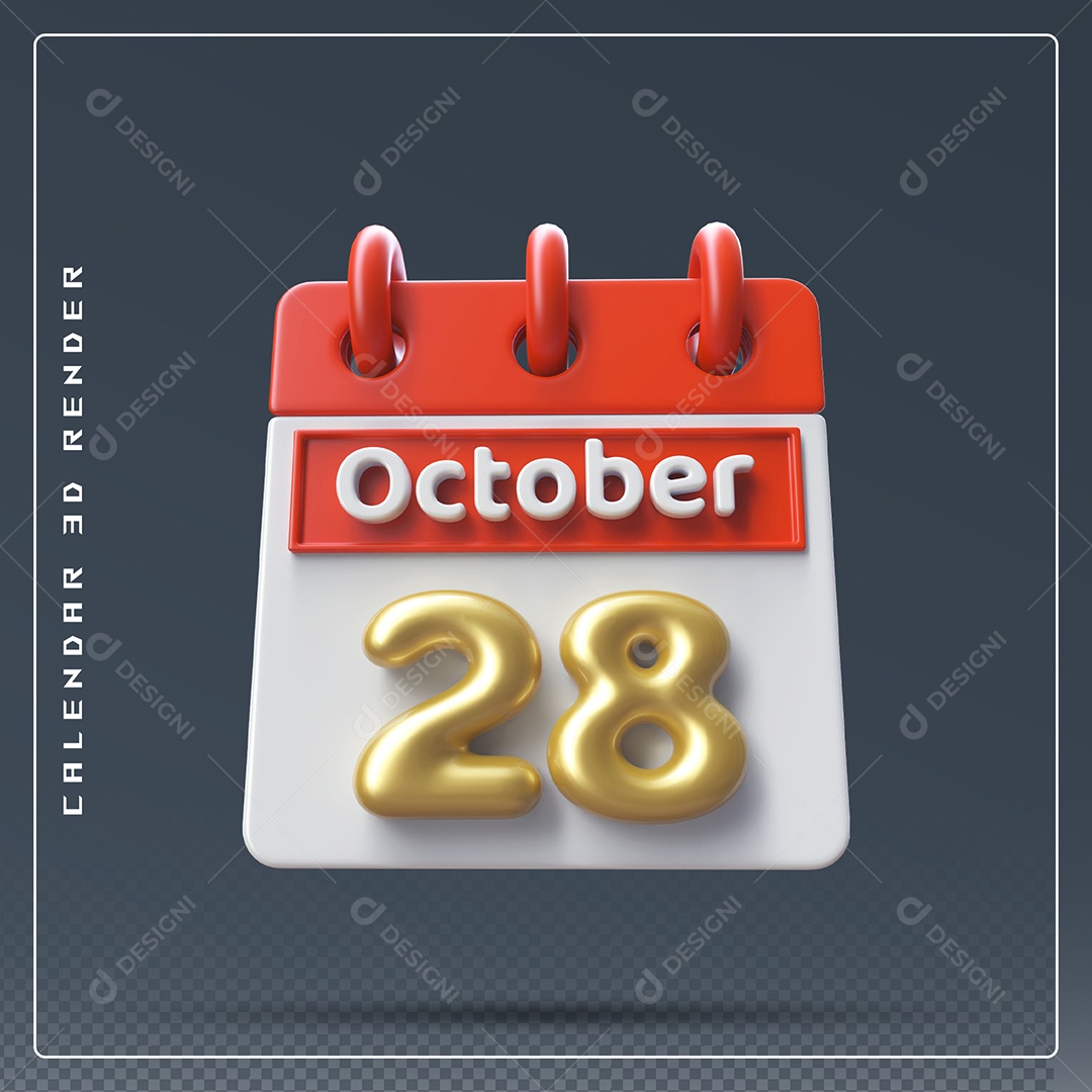 Calendário Do mês Outubro Dia 28 Elemento 3D Azul Dourado e Branco Para Composição PSD