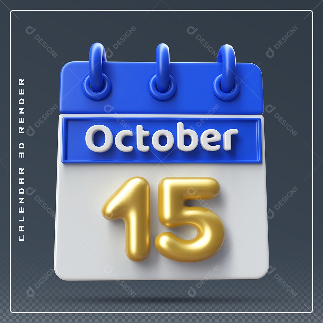 Calendário Do mês Outubro Dia 15 Elemento 3D Azul Dourado e Branco Para Composição PSD