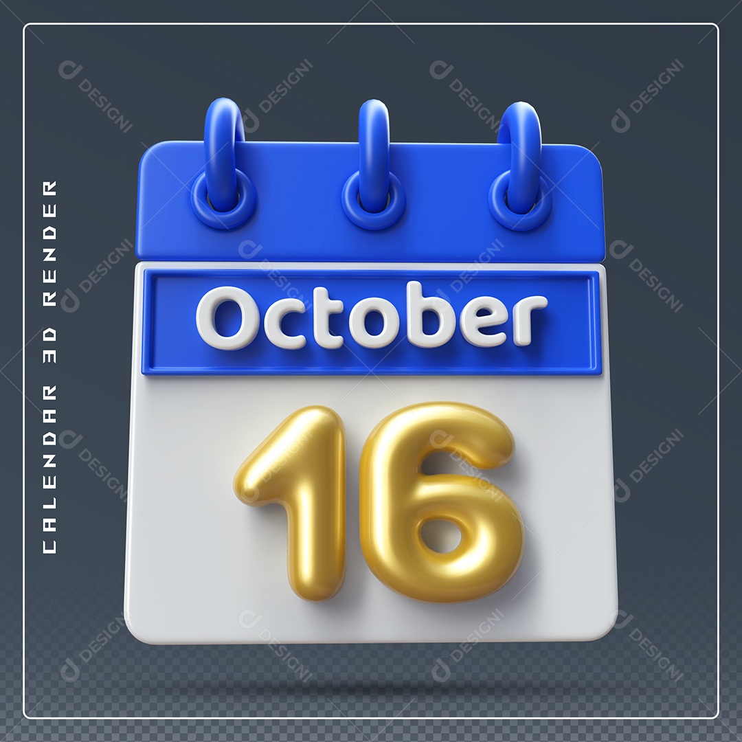 Calendário Do mês Outubro Dia 16 Elemento 3D Azul Dourado e Branco Para Composição PSD