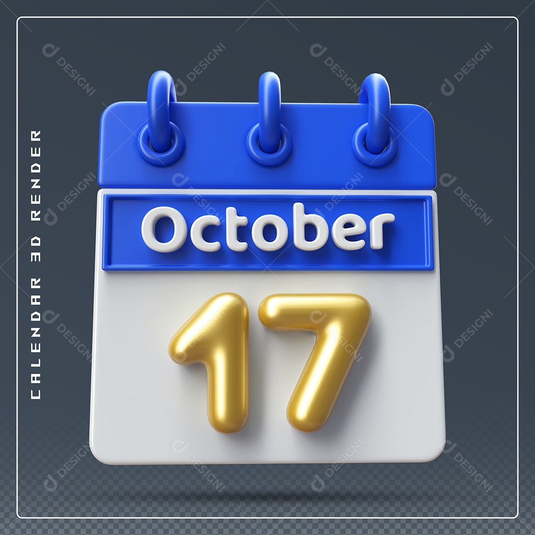 Calendário Do mês Outubro Dia 17 Elemento 3D Azul Dourado e Branco Para Composição PSD