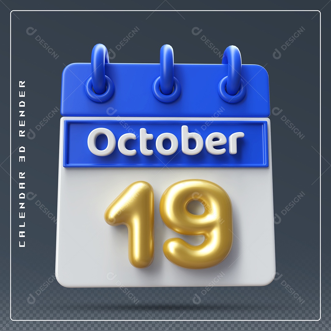 Calendário Do mês Outubro Dia 19 Elemento 3D Azul Dourado e Branco Para Composição PSD