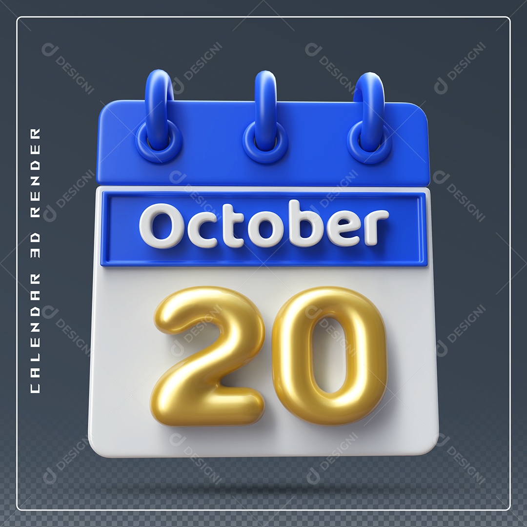 Calendário Do mês Outubro Dia 20 Elemento 3D Azul Dourado e Branco Para Composição PSD