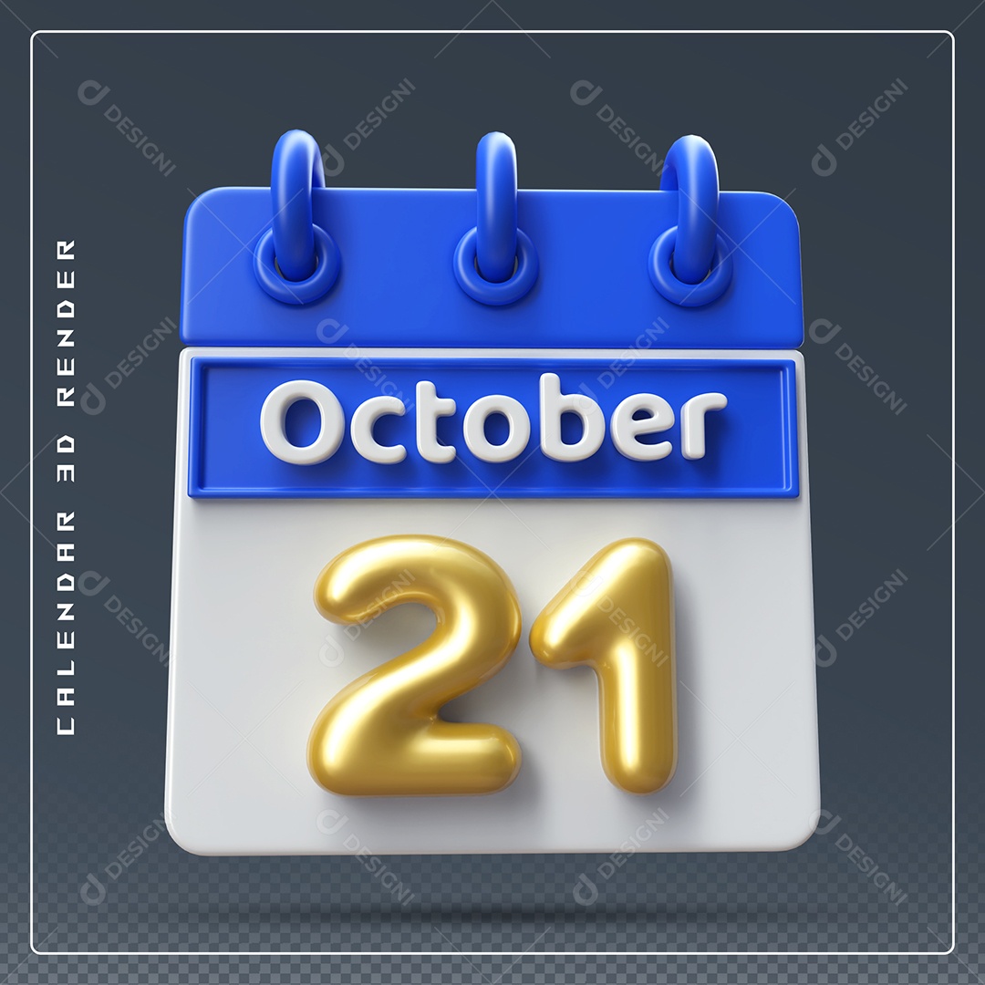 Calendário Do mês Outubro Dia 21 Elemento 3D Azul Dourado e Branco Para Composição PSD