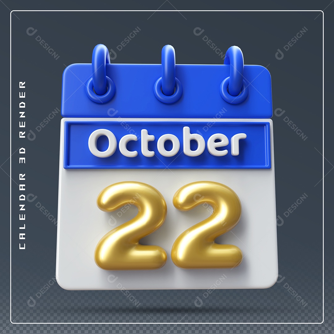 Calendário Do mês Outubro Dia 22 Elemento 3D Azul Dourado e Branco Para Composição PSD