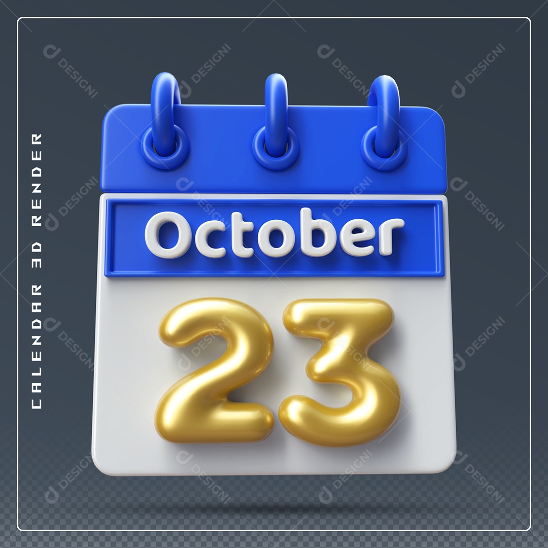 Calendário Do mês Outubro Dia 23 Elemento 3D Azul Dourado e Branco Para Composição PSD