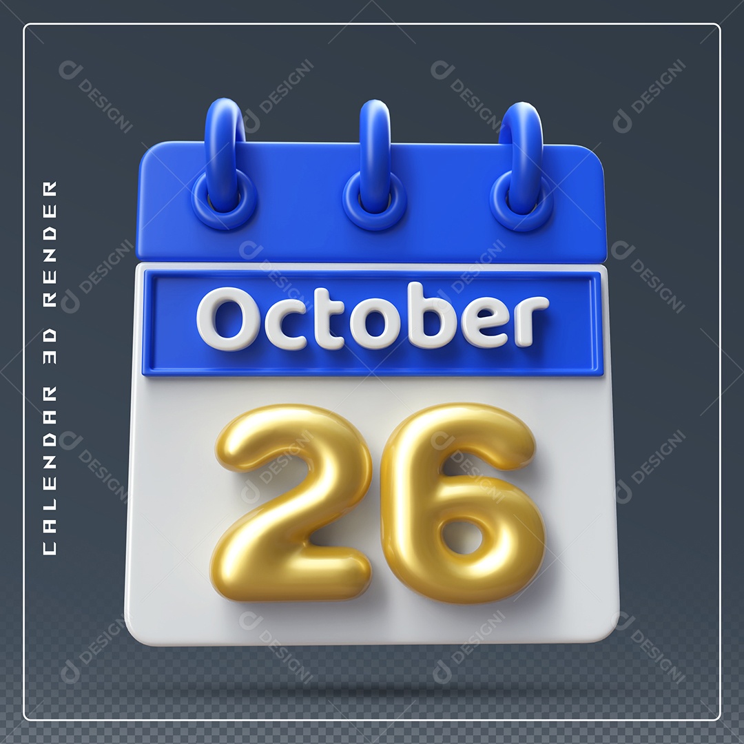 Calendário Do mês Outubro Dia 26 Elemento 3D Azul Dourado e Branco Para Composição PSD