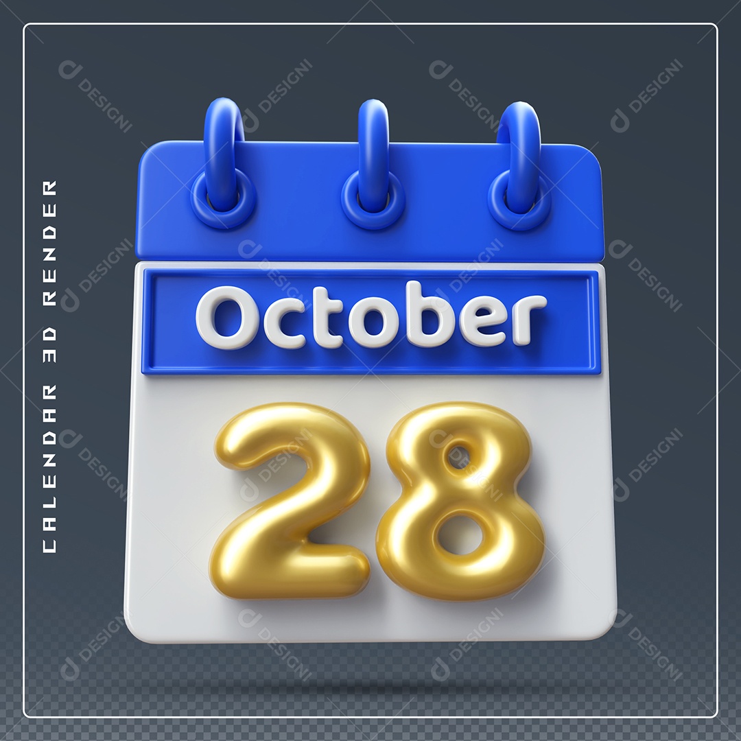 Calendário Do mês Outubro Dia 28 Elemento 3D Azul Dourado e Branco Para Composição PSD